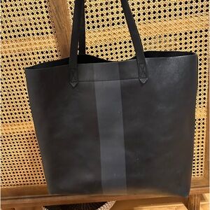Madewell Large Black Leather Transport Tote with Gray Racing Stripe